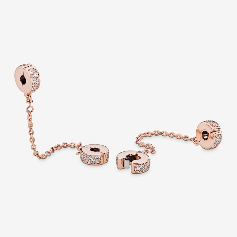 Rose Gold Plated Pandora Clear Pavé Safety Clip Safety Chains | DHBA54208