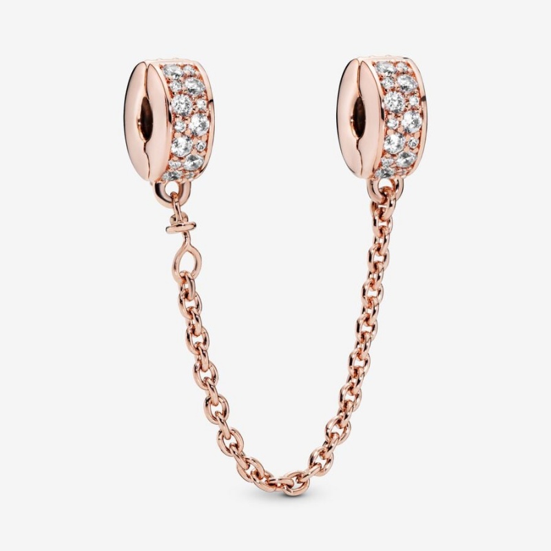 Rose Gold Plated Pandora Clear Pavé Safety Clip Safety Chains | DHBA54208