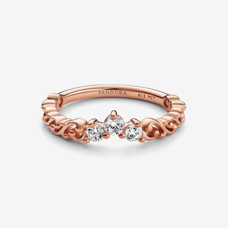 Rose Gold Plated Pandora Clear Three-Stone Heart & Promise Rings | ECLI20194