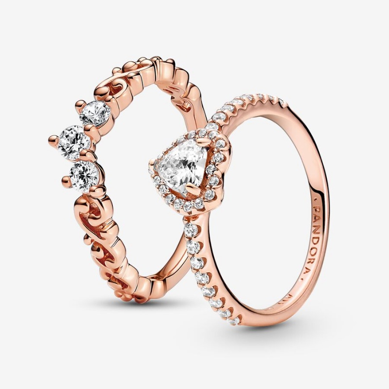 Rose Gold Plated Pandora Clear Three-Stone Heart & Promise Rings | ECLI20194