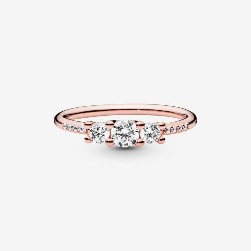 Rose Gold Plated Pandora Clear Three-Stone Heart & Promise Rings | RZGI78562