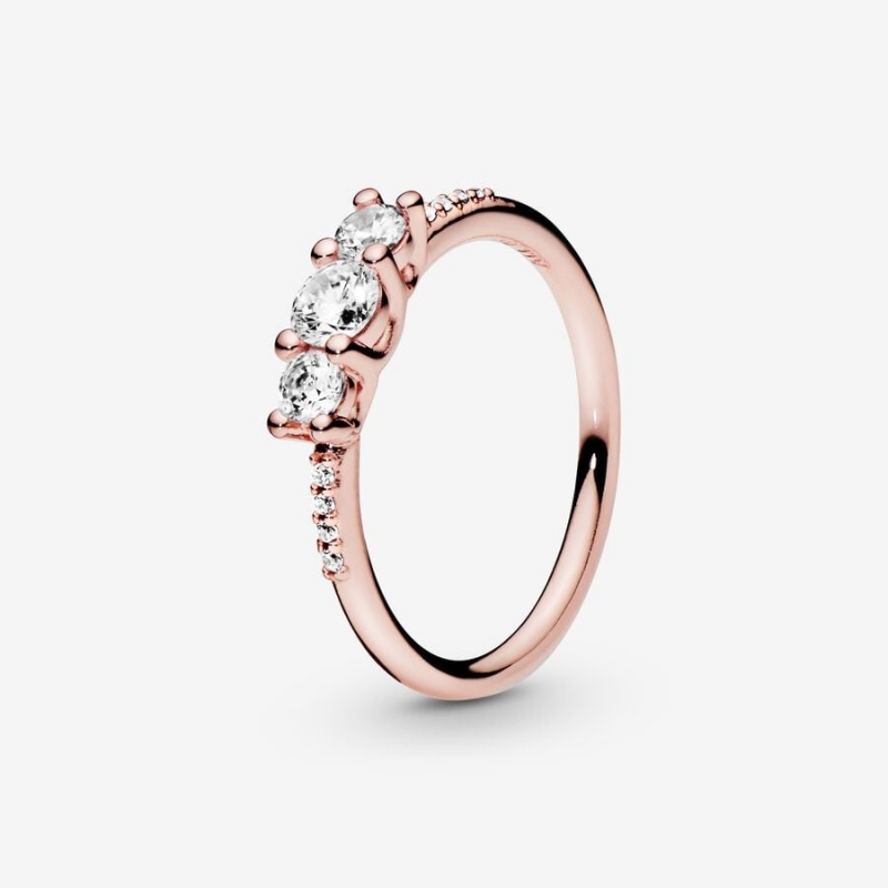 Rose Gold Plated Pandora Clear Three-Stone Heart & Promise Rings | RZGI78562