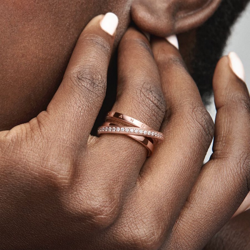 Rose Gold Plated Pandora Crossover Pavé Triple Band Rings | GNXC72693