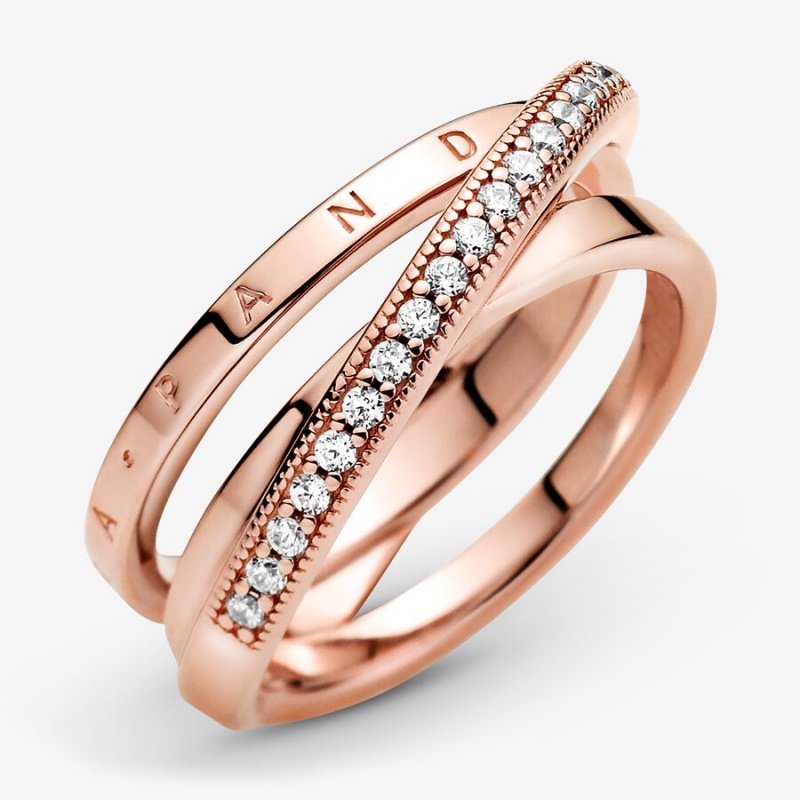 Rose Gold Plated Pandora Crossover Pavé Triple Band Rings | GNXC72693