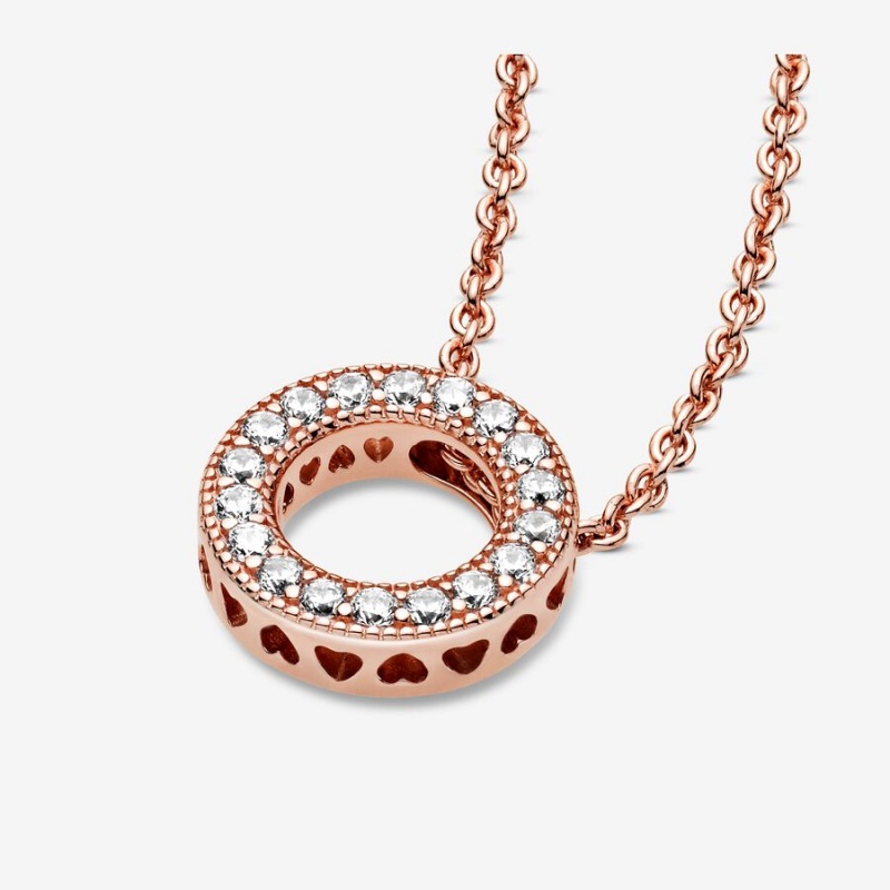 Rose Gold Plated Pandora Logo Pavé Circle Collier Pendant Necklaces | WMQO05423