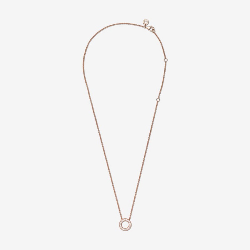 Rose Gold Plated Pandora Logo Pavé Circle Collier Pendant Necklaces | WMQO05423