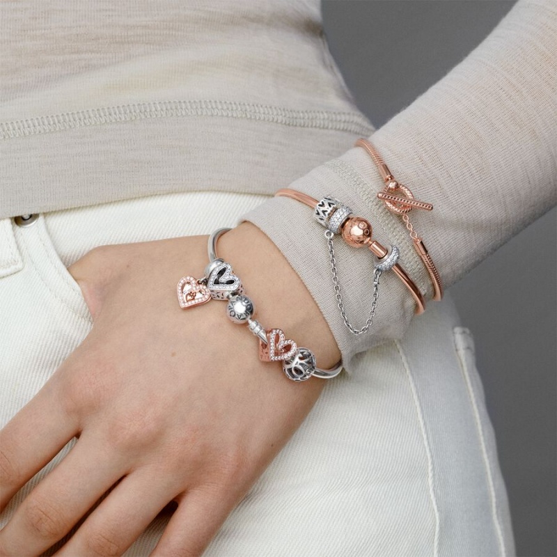 Rose Gold Plated Pandora Moments Bangle Charm Holders | NHQR17240