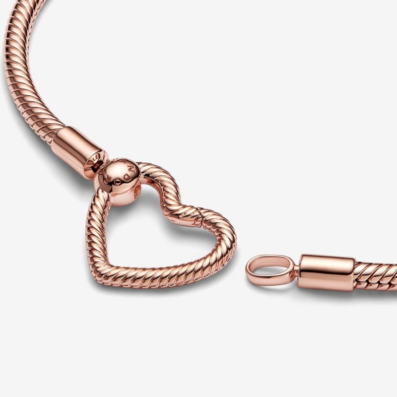 Rose Gold Plated Pandora Moments Heart Closure Snake Charm Bracelets | HFXJ56029