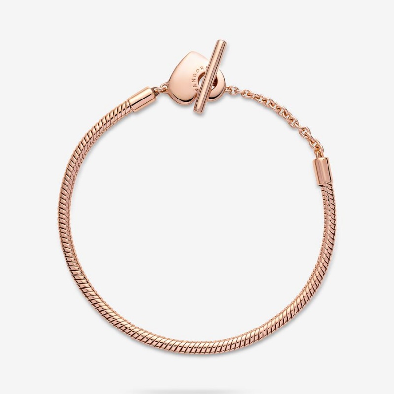 Rose Gold Plated Pandora Moments Heart T-Bar Snake Charm Bracelets | TNYL60143