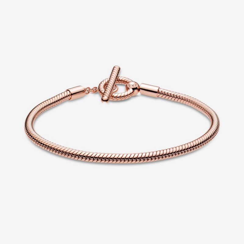 Rose Gold Plated Pandora Moments T-Bar Snake Charm Bracelets | NZVS68021