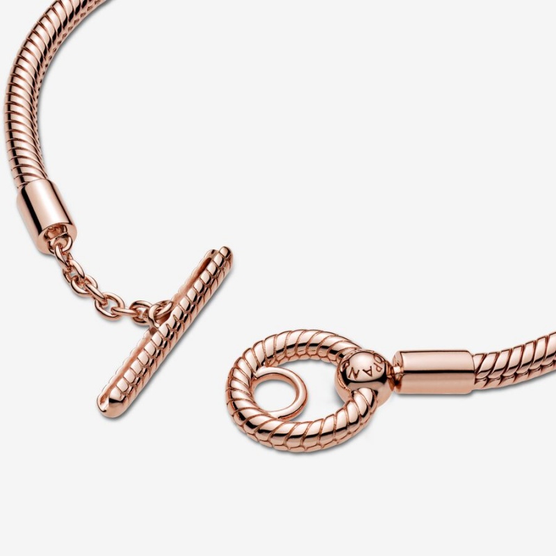 Rose Gold Plated Pandora Moments T-Bar Snake Charm Bracelets | NZVS68021