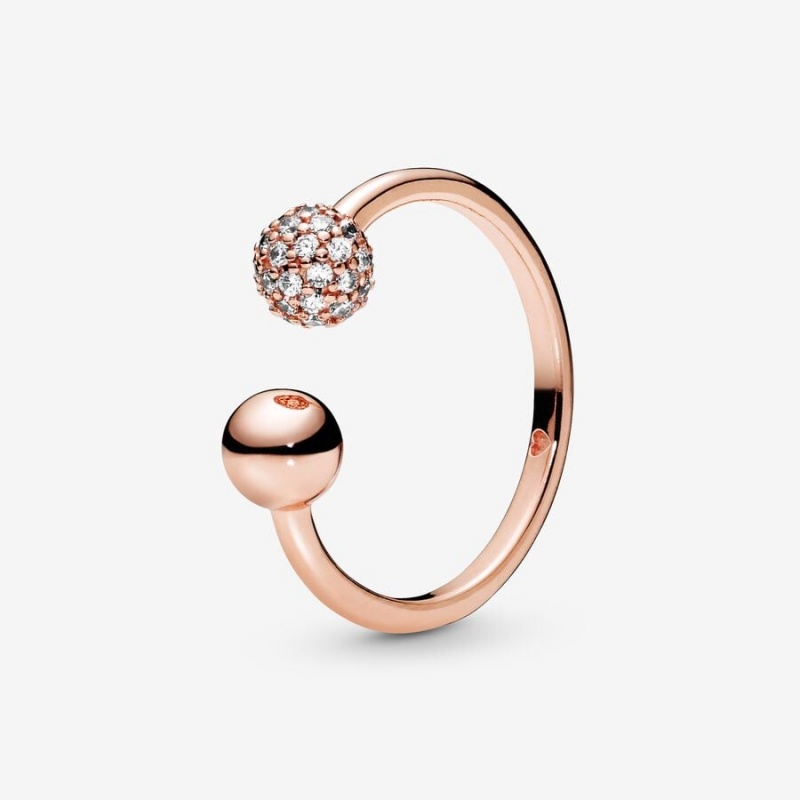 Rose Gold Plated Pandora Polished & Pavé Bead Open Statement Rings | WLKS25497