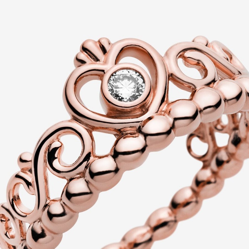 Rose Gold Plated Pandora Princess Tiara Crown Heart & Promise Rings | SCJV86472