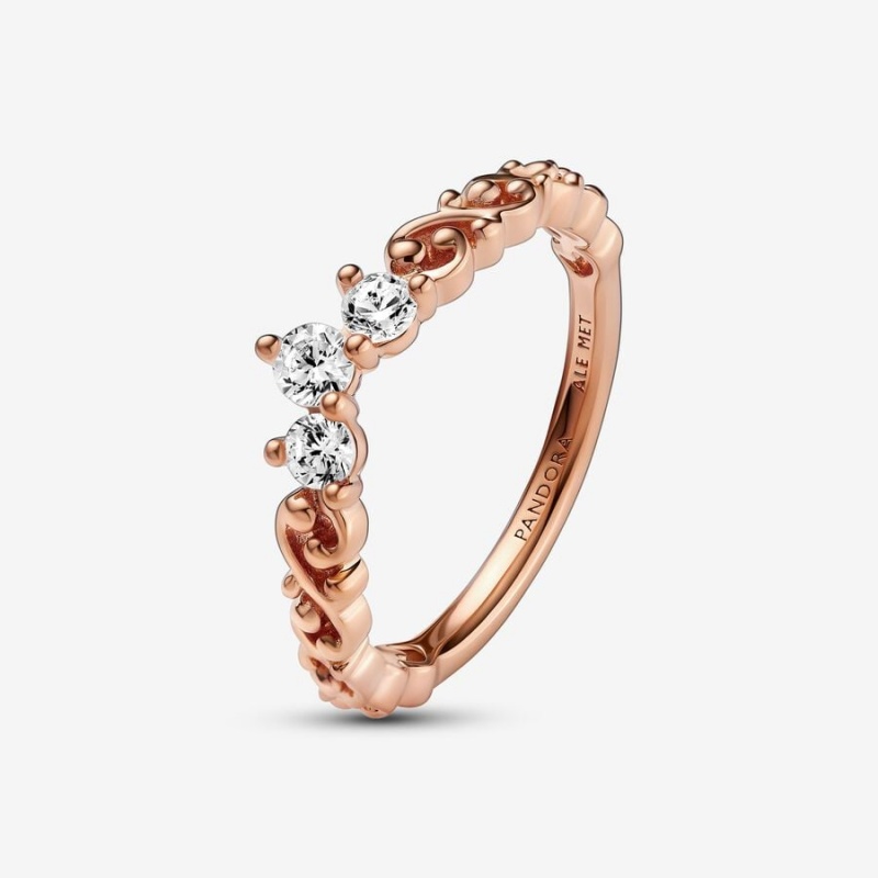 Rose Gold Plated Pandora Regal Swirl Tiara Heart & Promise Rings | KYEQ34692