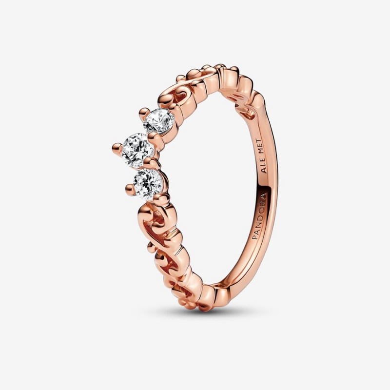 Rose Gold Plated Pandora Regal Swirl Tiara Heart & Promise Rings | KYEQ34692