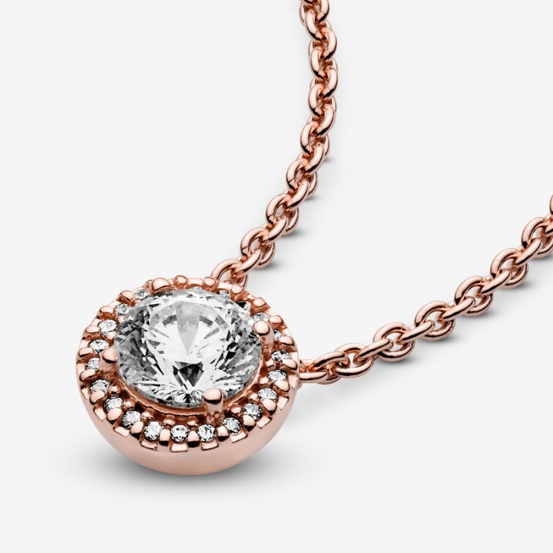 Rose Gold Plated Pandora Round Sparkle Halo Chain Necklaces | JQVG24987