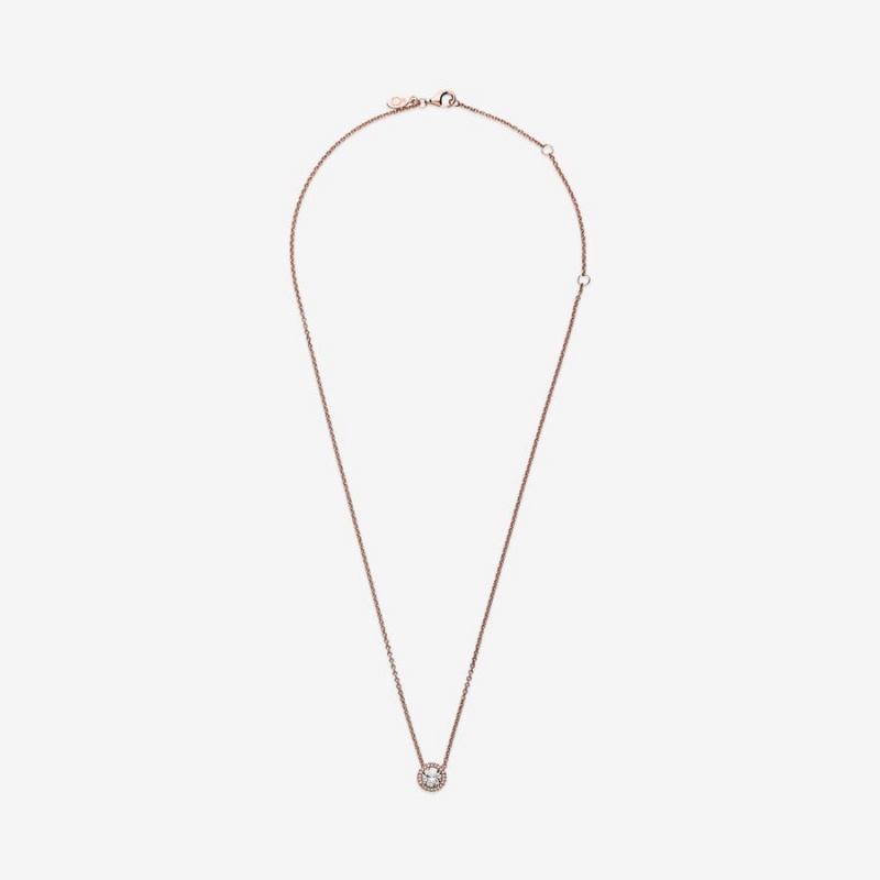 Rose Gold Plated Pandora Round Sparkle Halo Chain Necklaces | JQVG24987