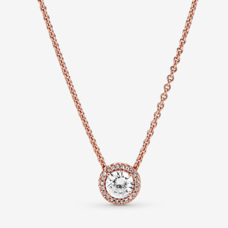 Rose Gold Plated Pandora Round Sparkle Halo Chain Necklaces | JQVG24987