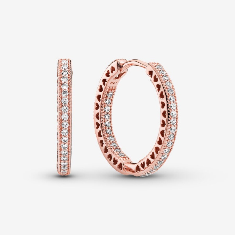 Rose Gold Plated Pandora Sparkle and Hearts Hoop Earrings | VFJU91067