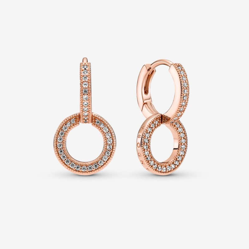 Rose Gold Plated Pandora Sparkling Double Hoop Earrings | LYAU73841