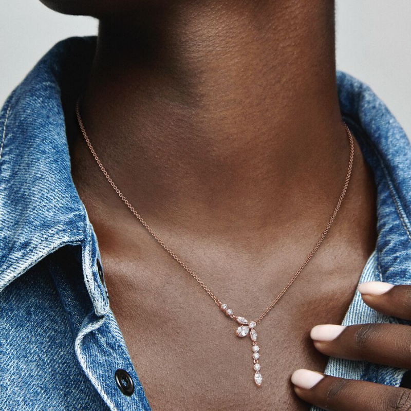 Rose Gold Plated Pandora Sparkling Herbarium Cluster Drop Collier Chain Necklaces | EGKP29465