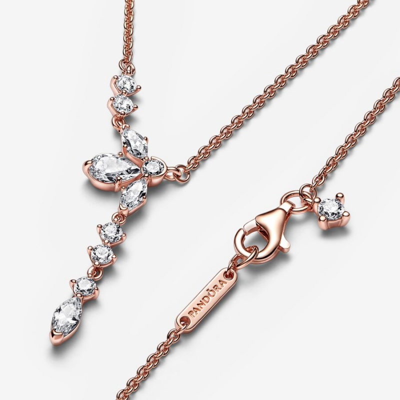 Rose Gold Plated Pandora Sparkling Herbarium Cluster Drop Collier Chain Necklaces | EGKP29465