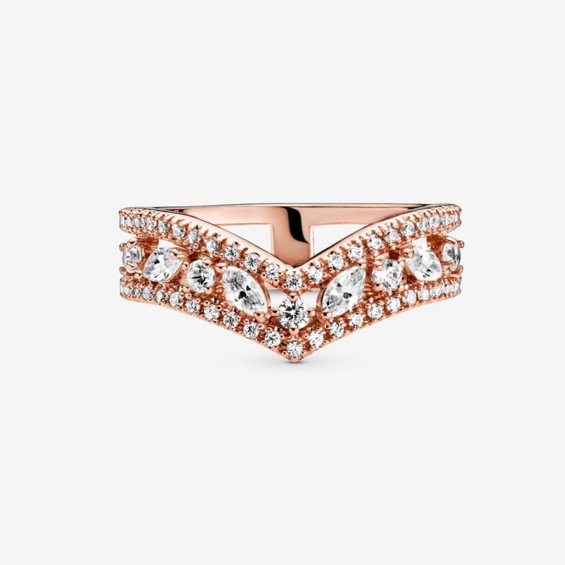 Rose Gold Plated Pandora Sparkling Marquise Double Wishbone Statement Rings | SYGL19072