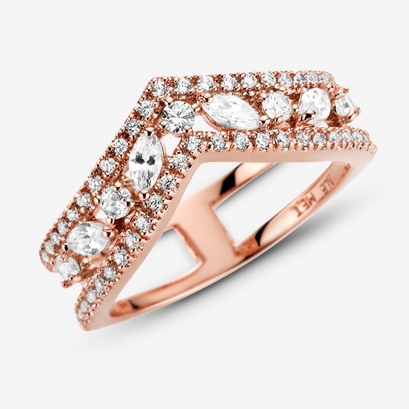 Rose Gold Plated Pandora Sparkling Marquise Double Wishbone Statement Rings | SYGL19072