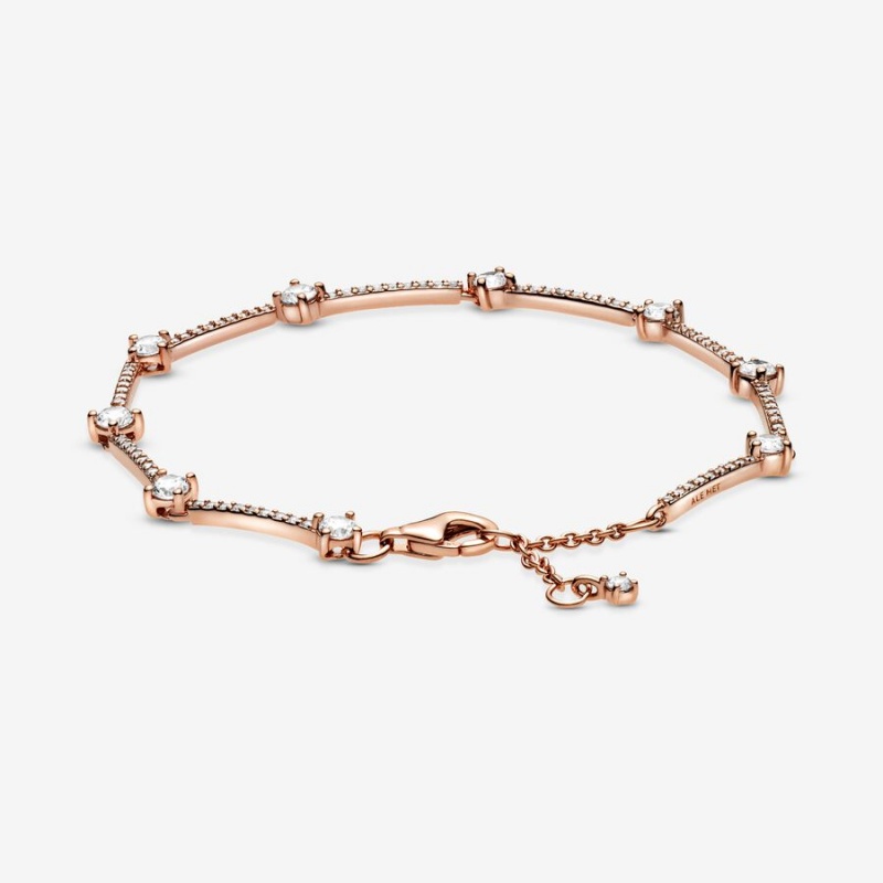 Rose Gold Plated Pandora Sparkling Pavé Bars Chain Bracelets | DYIU17803