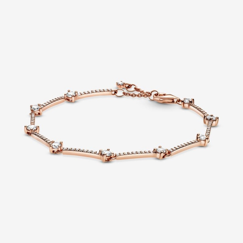 Rose Gold Plated Pandora Sparkling Pavé Bars Chain Bracelets | DYIU17803