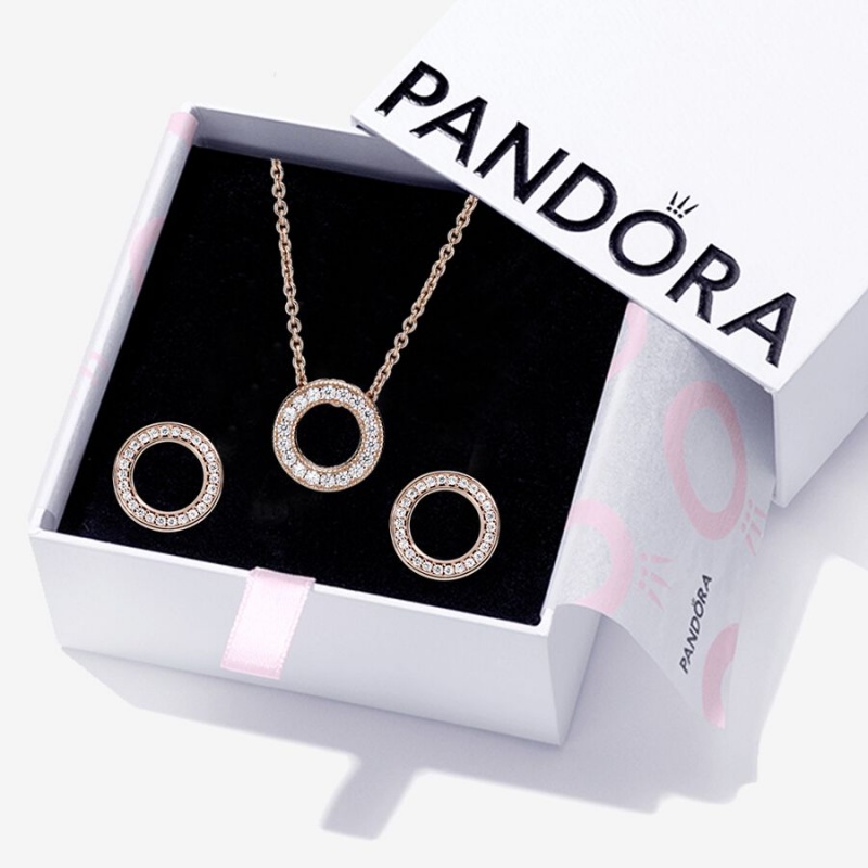 Rose Gold Plated Pandora Sparkling Pave Circle Jewelry Gift Set Necklace & Earring Sets | ZHCT57493