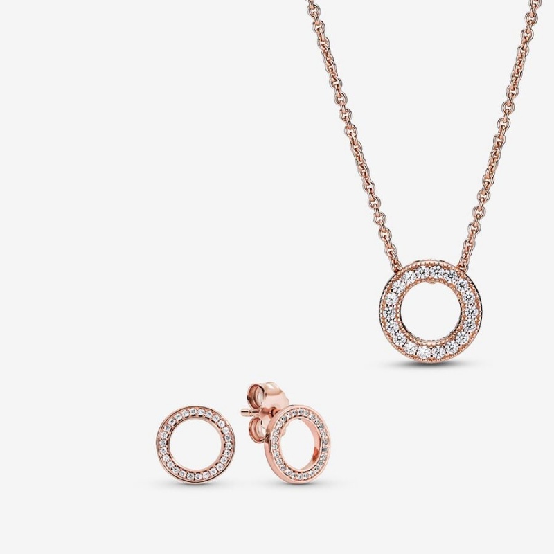 Rose Gold Plated Pandora Sparkling Pave Circle Jewelry Gift Set Necklace & Earring Sets | ZHCT57493