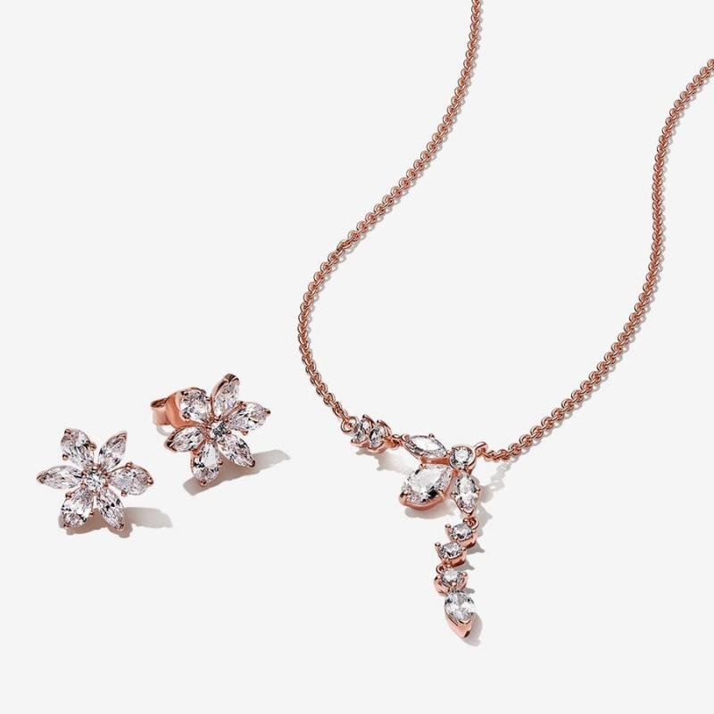 Rose Gold Plated Pandora Sparkling Snowflake Jewelry Gift Set Necklace & Earring Sets | RHAQ53798