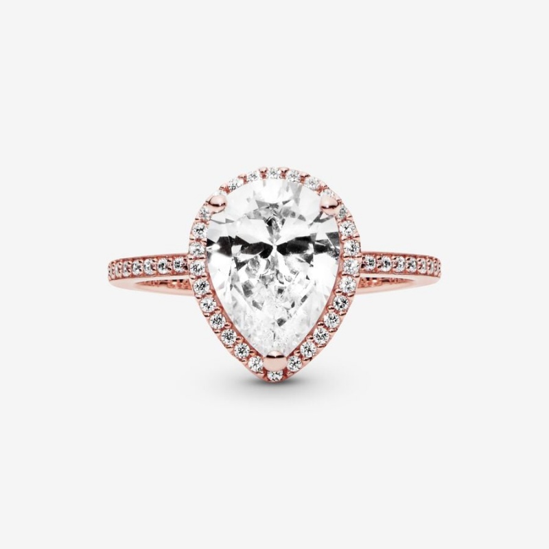 Rose Gold Plated Pandora Sparkling Teardrop Halo Halo & Solitaire Rings | EYGR46897