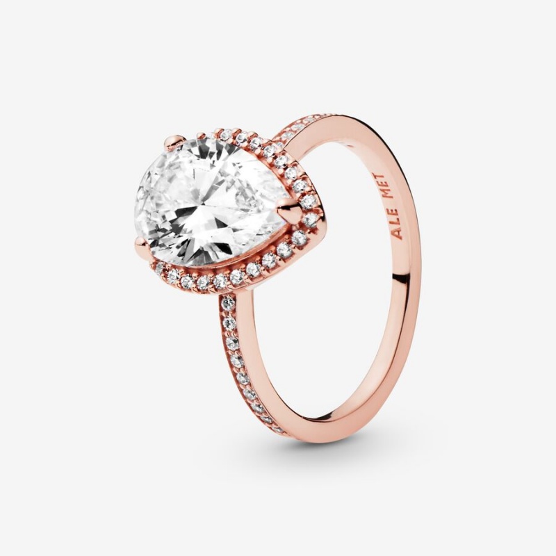 Rose Gold Plated Pandora Sparkling Teardrop Halo Halo & Solitaire Rings | EYGR46897