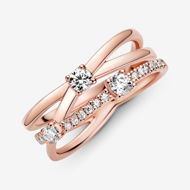 Rose Gold Plated Pandora Sparkling Triple Statement Rings | HDAX21690