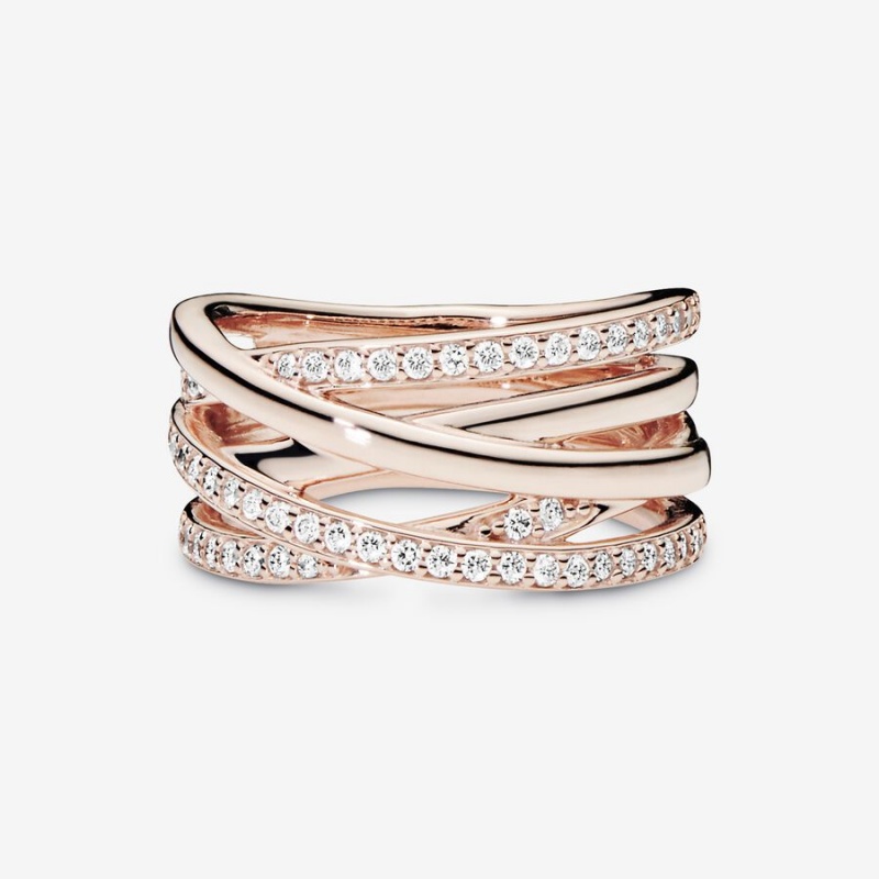 Rose Gold Plated Pandora Sparkling & Polished Lines Band Rings | EGJN54167