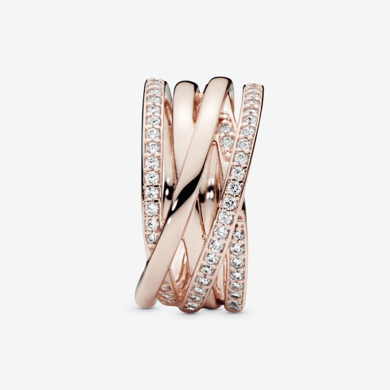 Rose Gold Plated Pandora Sparkling & Polished Lines Band Rings | EGJN54167