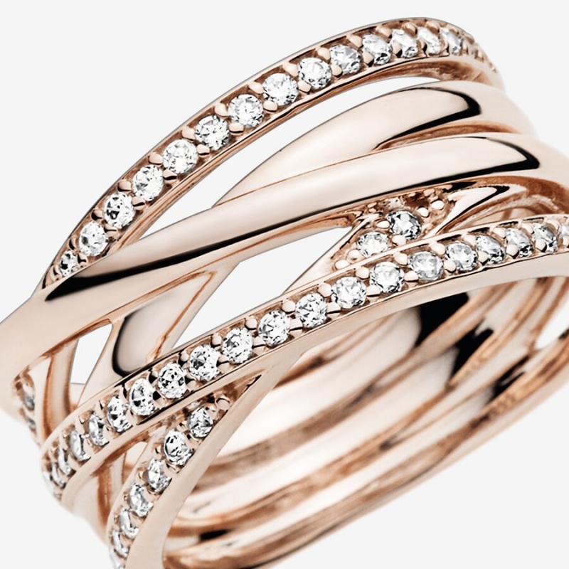 Rose Gold Plated Pandora Sparkling & Polished Lines Band Rings | EGJN54167