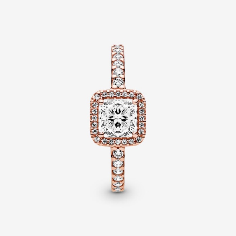 Rose Gold Plated Pandora Square Sparkle Halo Halo & Solitaire Rings | VQID38924