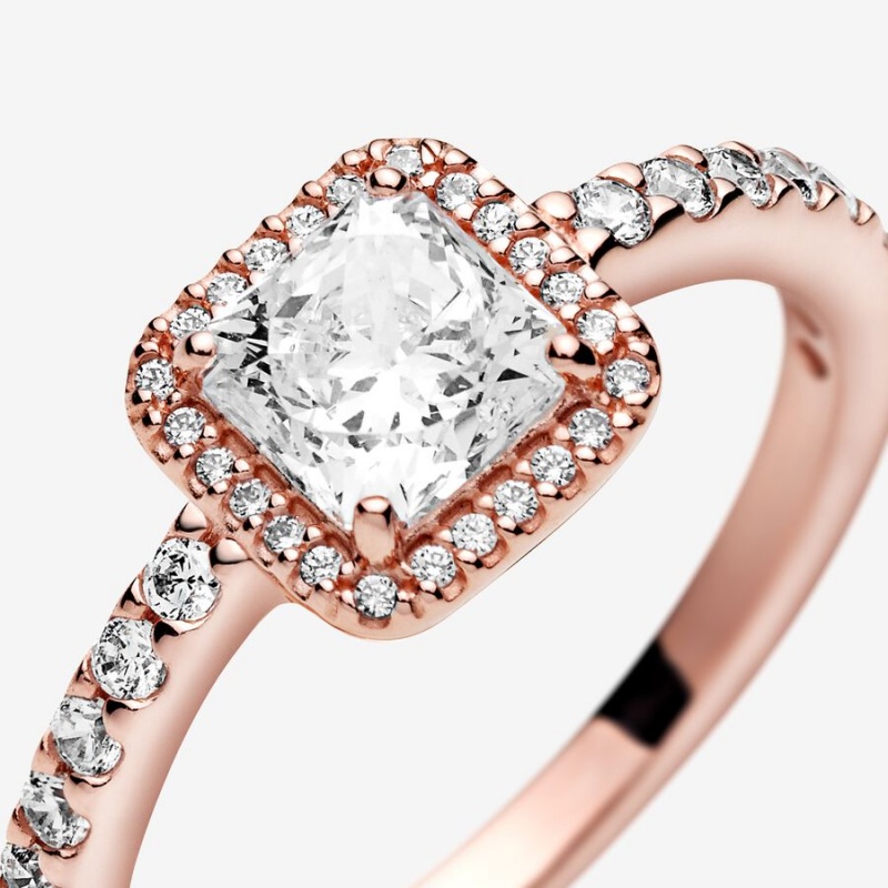 Rose Gold Plated Pandora Square Sparkle Halo Halo & Solitaire Rings | VQID38924