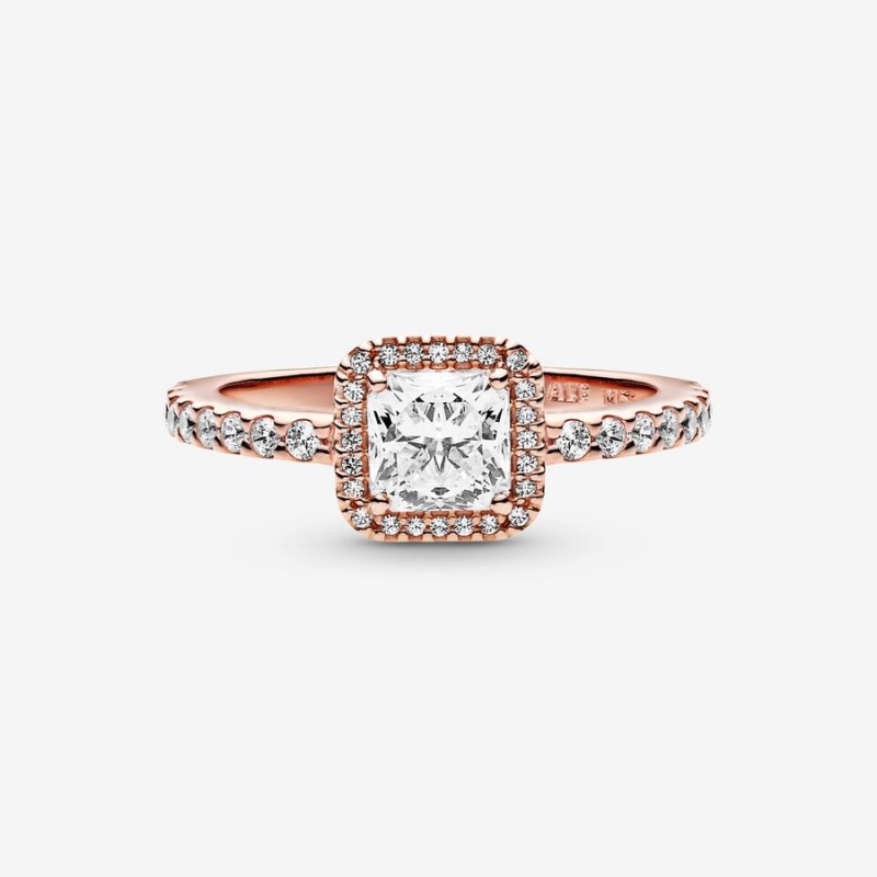 Rose Gold Plated Pandora Square Sparkle Halo Halo & Solitaire Rings | VQID38924