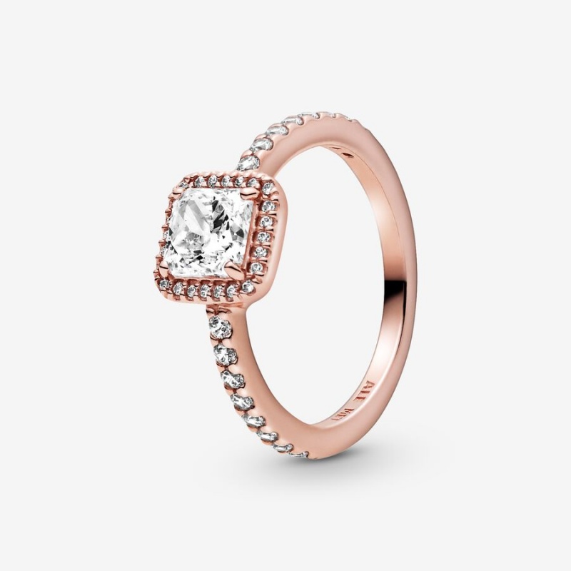 Rose Gold Plated Pandora Square Sparkle Halo Halo & Solitaire Rings | VQID38924