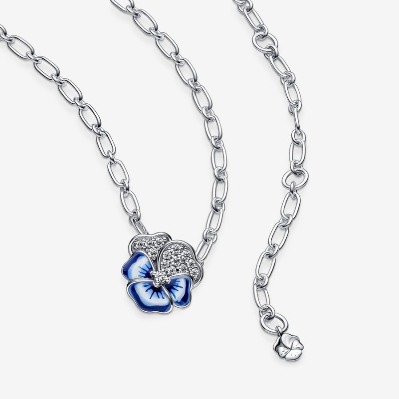 Sterling Silver Pandora Blue Pansy Flower Pendant Necklaces | ZRDE12684