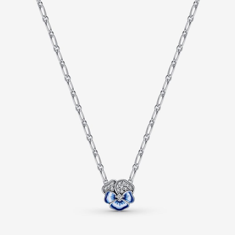 Sterling Silver Pandora Blue Pansy Flower Pendant Necklaces | ZRDE12684