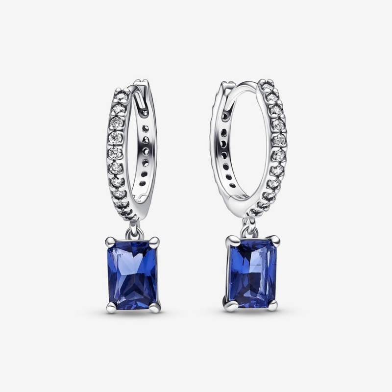 Sterling Silver Pandora Blue Rectangular Sparkling Hoop Earrings | SMIA17230