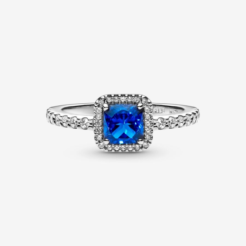 Sterling Silver Pandora Blue Square Sparkle Halo Halo & Solitaire Rings | XFNH73408