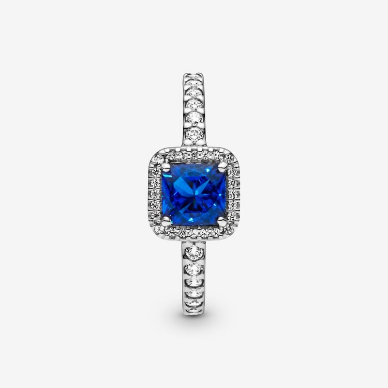 Sterling Silver Pandora Blue Square Sparkle Halo Halo & Solitaire Rings | XFNH73408