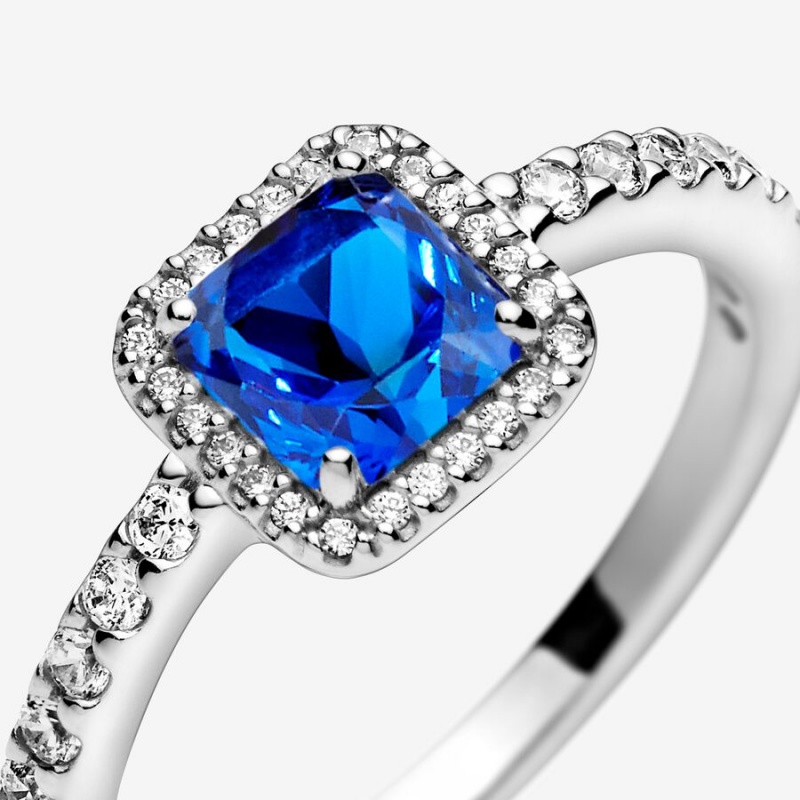 Sterling Silver Pandora Blue Square Sparkle Halo Halo & Solitaire Rings | XFNH73408