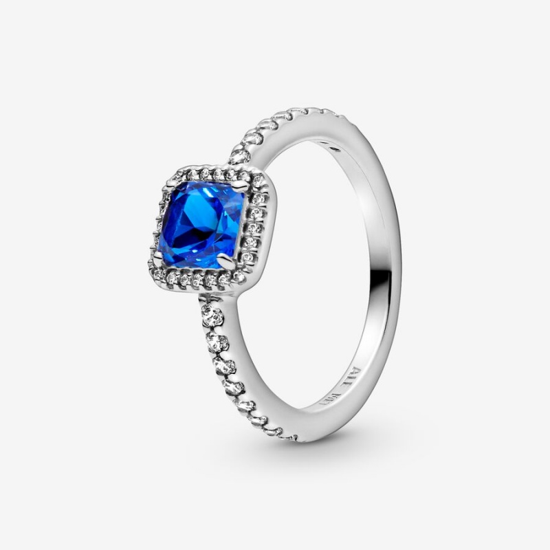 Sterling Silver Pandora Blue Square Sparkle Halo Halo & Solitaire Rings | XFNH73408